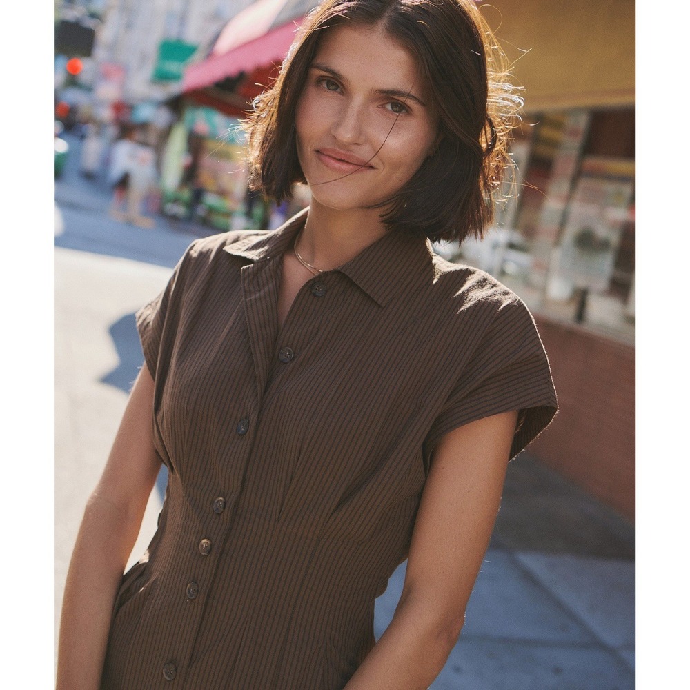 Marine Layer Arden Midi Shirt Dress NWT Brown Black Pinstripe Pima Cotton Sz S - Picture 3 of 16
